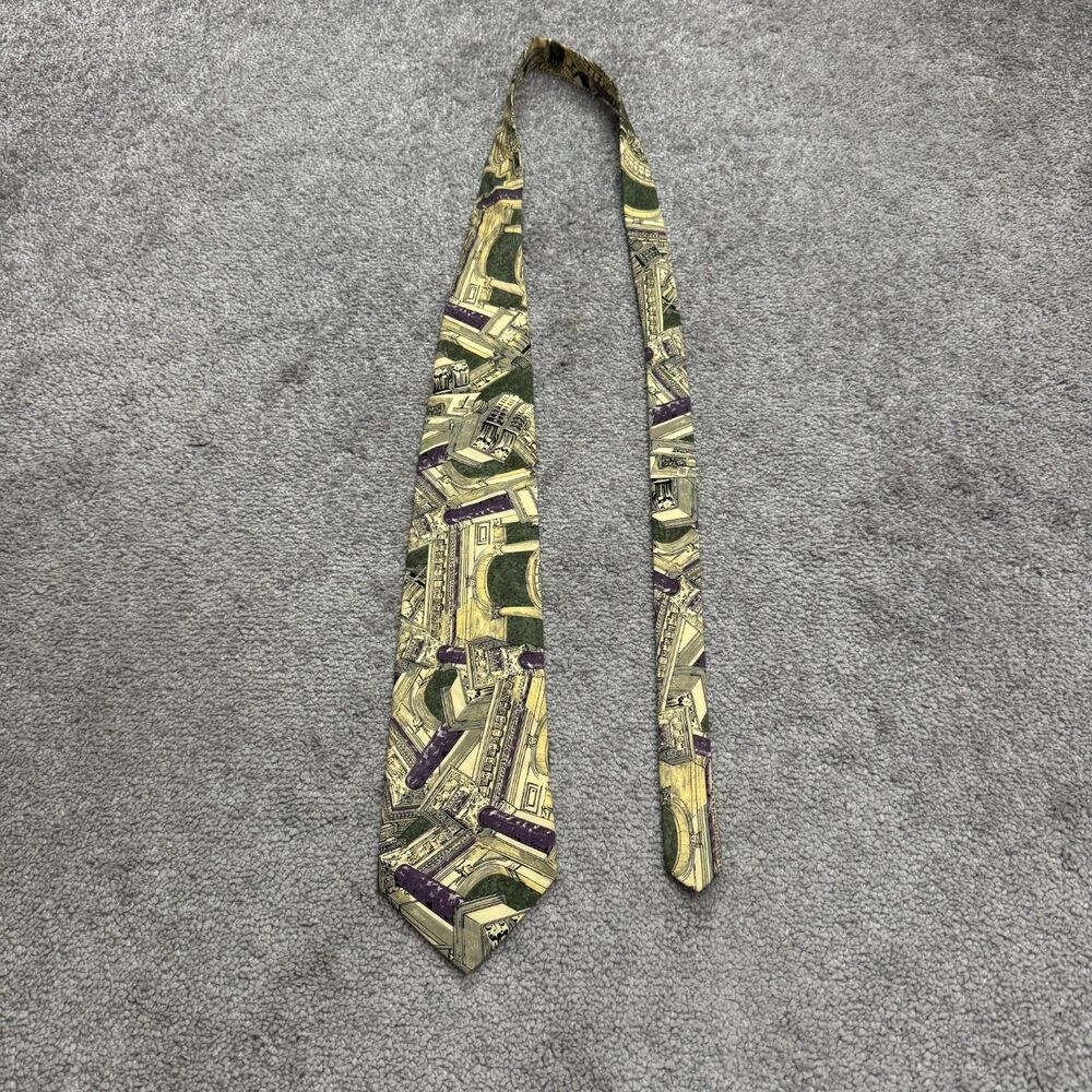Structure Vintage 90s Cotton Architecture Building Print Necktie Mens Green Y2K